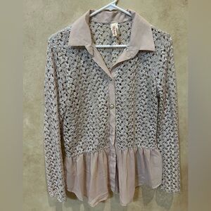 Pink stage peplum satin Lace Button-Up Blouse - Cream large classic 70s vibe